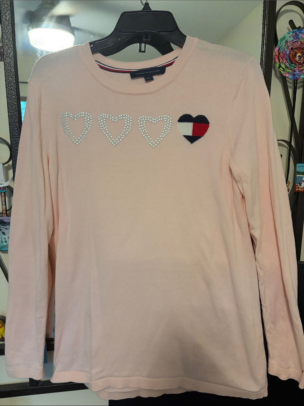 Tommy Hilfiger women’s pink Heart Crewneck Long Sleeve Top